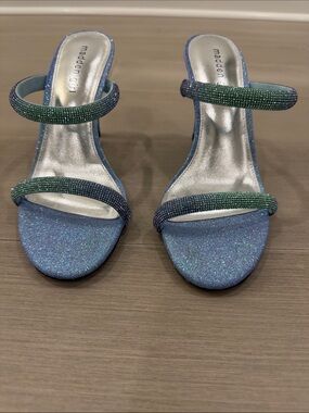 Madden Girl Blue Multi Glitter Double-Strap Slide Heels with 3.5 inch heel.